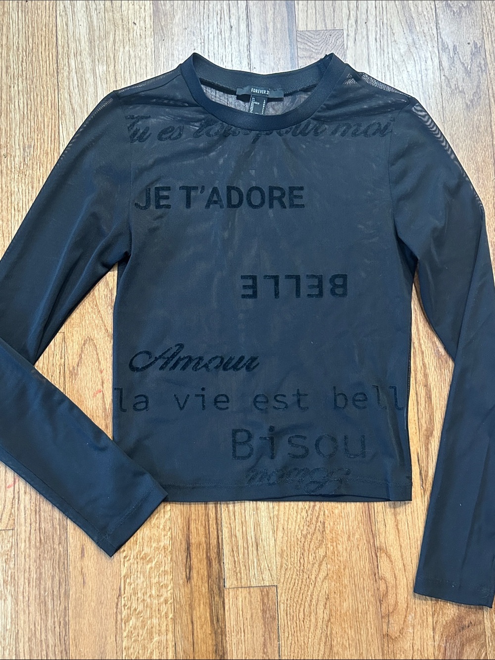 Y2K Era Sheer Black Long Sleeve Graphic Mesh Top JE T'ADORE BELLE LG